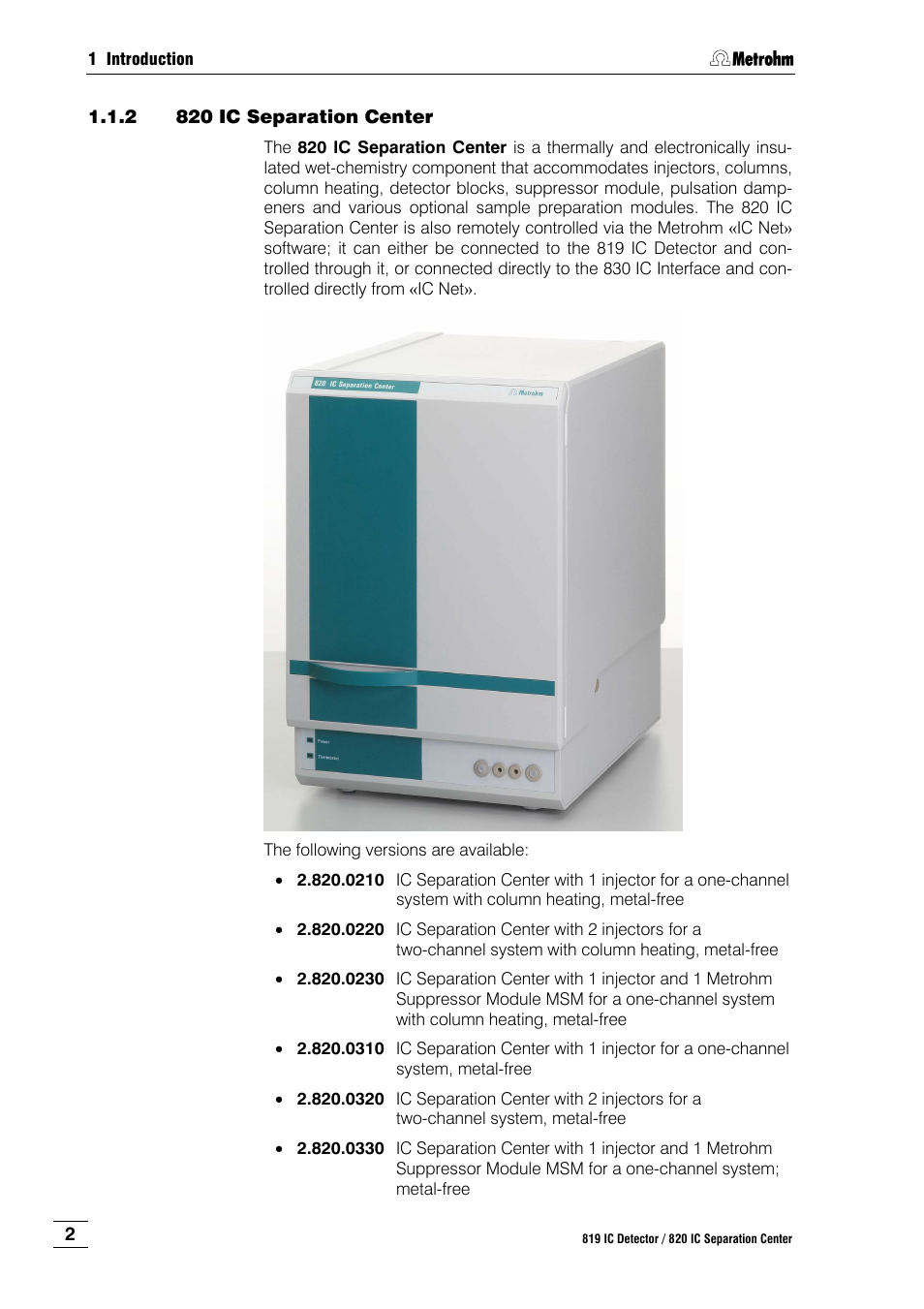 2 820 ic separation center, 820 ic separation center | Metrohm 820 IC Separation Center User Manual | Page 10 / 123