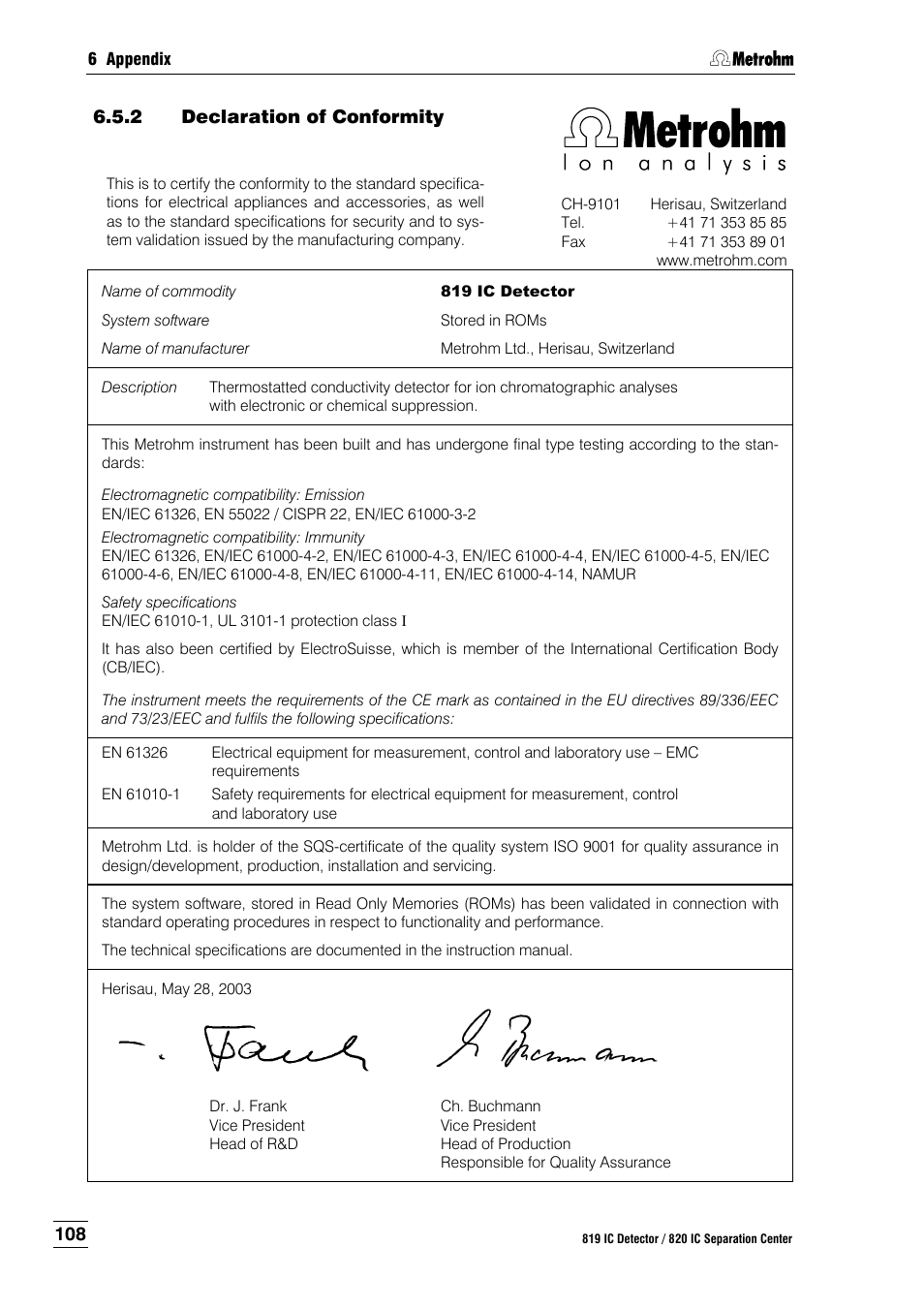 2 declaration of conformity, Declaration of conformity | Metrohm 820 IC Separation Center User Manual | Page 116 / 123