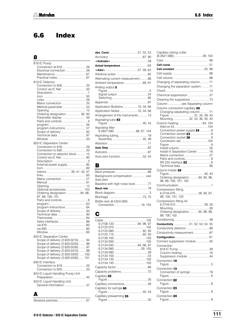 6 index, Index, Index at the back | Metrohm 820 IC Separation Center User Manual | Page 119 / 123