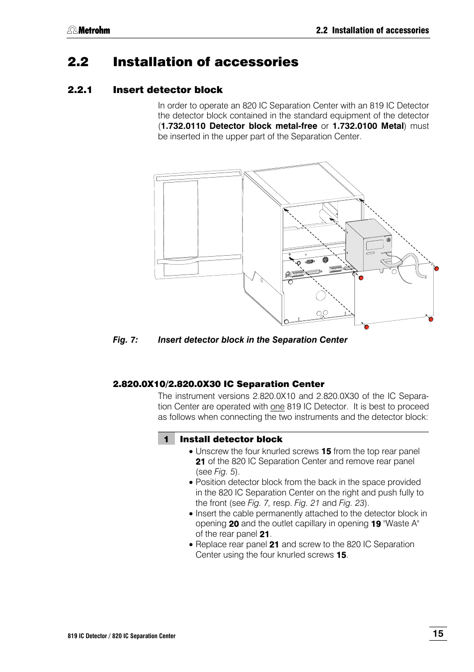 2 installation of accessories, 1 insert detector block, Installation of accessories | Insert detector block, Fig. 7, Insert detector block in the separation center | Metrohm 820 IC Separation Center User Manual | Page 23 / 123