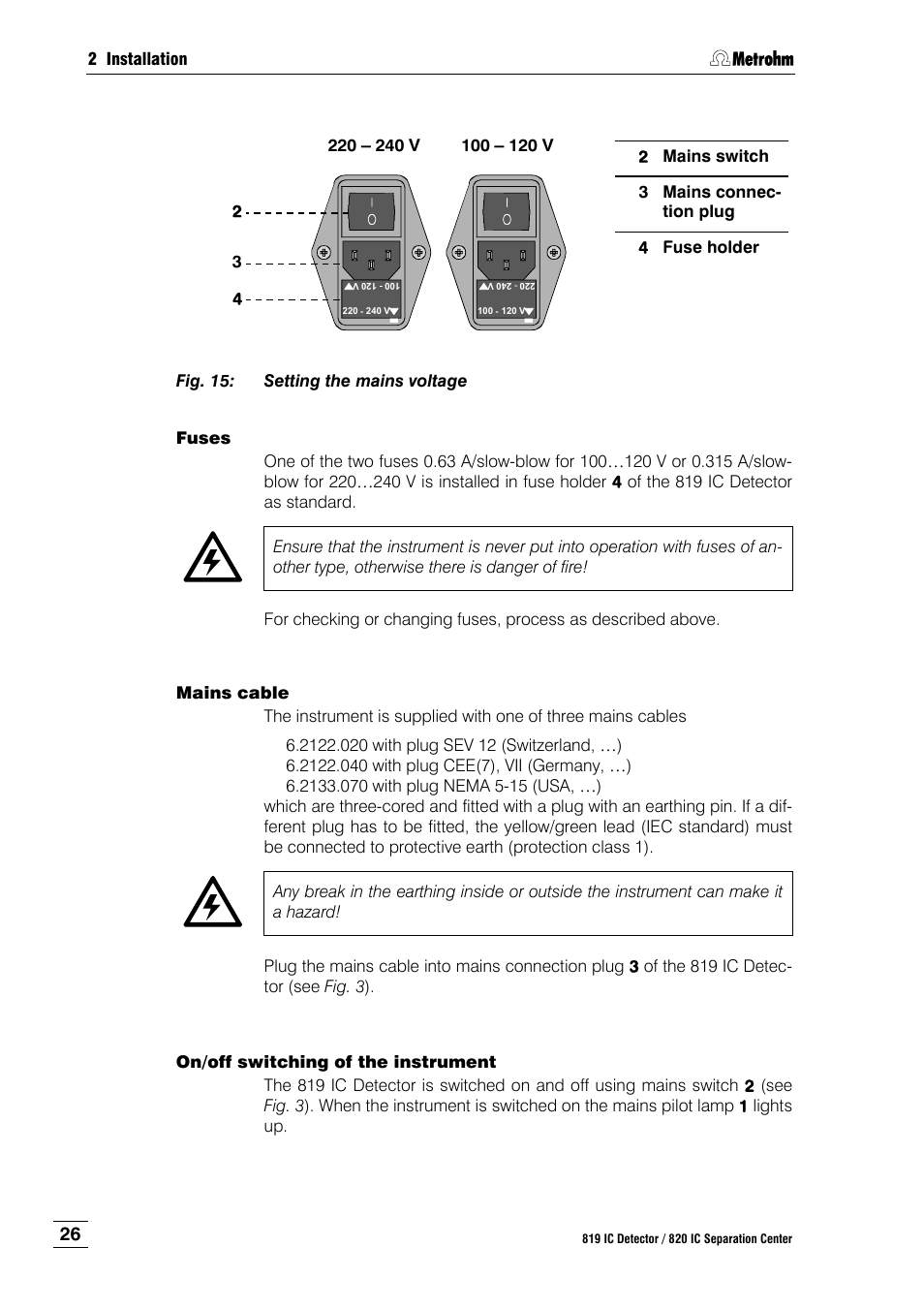 Fig. 15, Setting the mains voltage, Fig. 15 ) matches the local | Bar imprinted below the fuse holder (see fig. 15 ) | Metrohm 820 IC Separation Center User Manual | Page 34 / 123