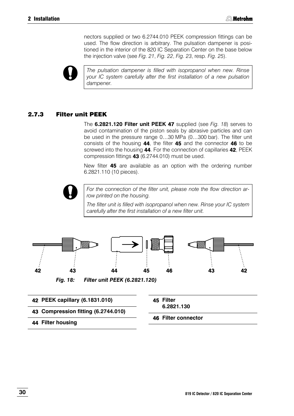 3 filter unit peek, Filter unit peek, Fig. 18 | Filter unit peek (6.2821.120) | Metrohm 820 IC Separation Center User Manual | Page 38 / 123