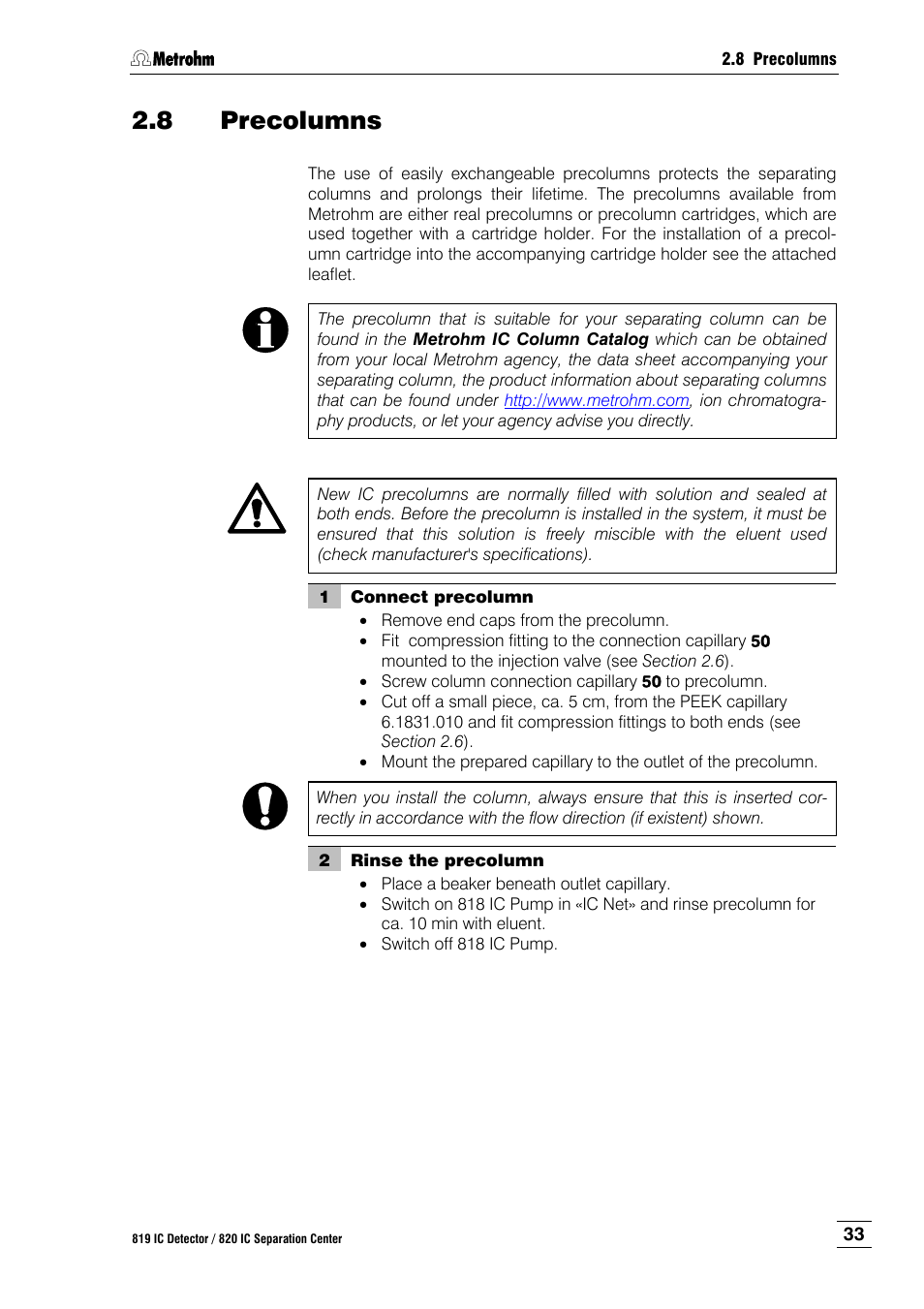 8 precolumns, Precolumns | Metrohm 820 IC Separation Center User Manual | Page 41 / 123