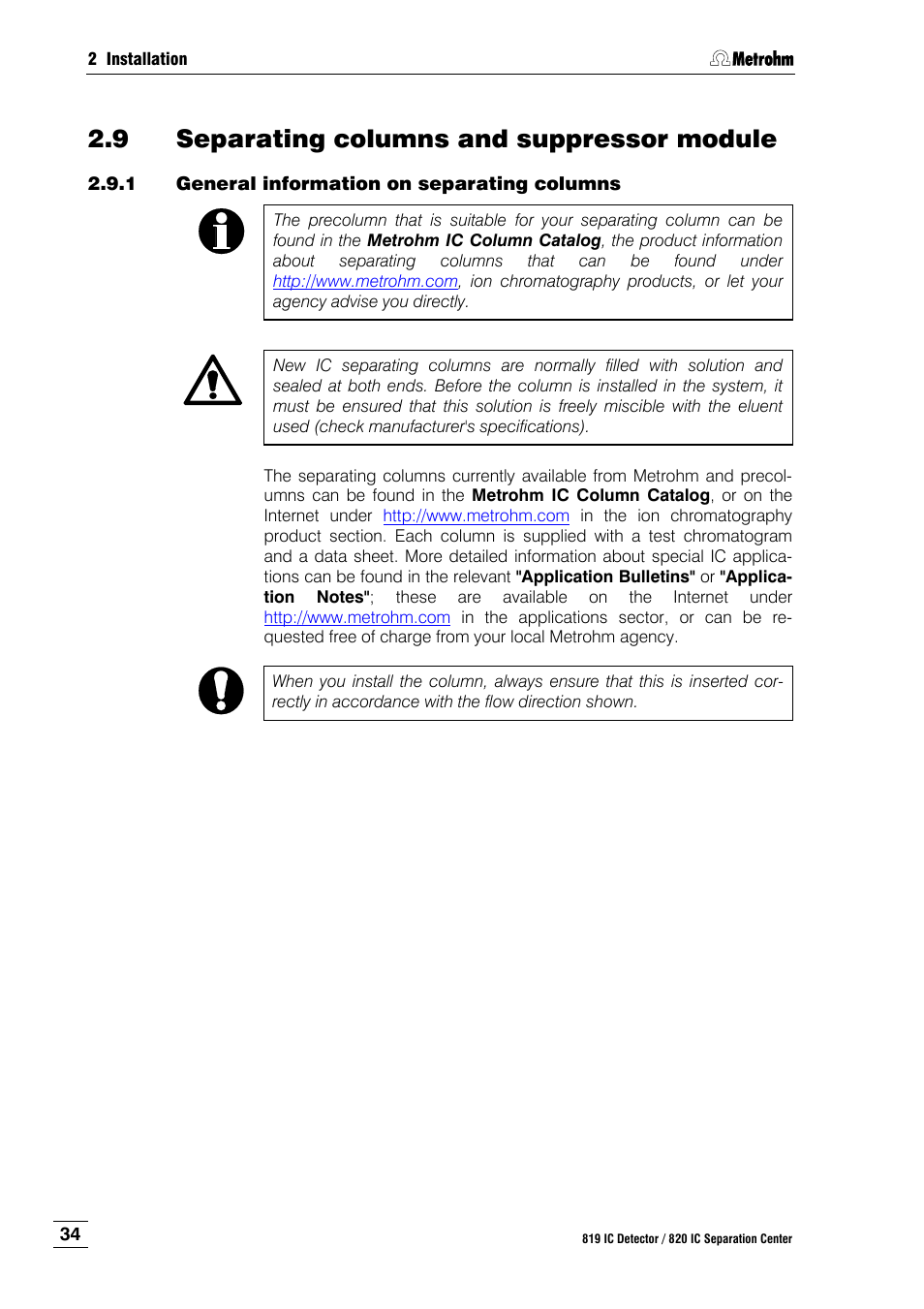 9 separating columns and suppressor module, 1 general information on separating columns, Separating columns and suppressor module | General information on separating columns | Metrohm 820 IC Separation Center User Manual | Page 42 / 123