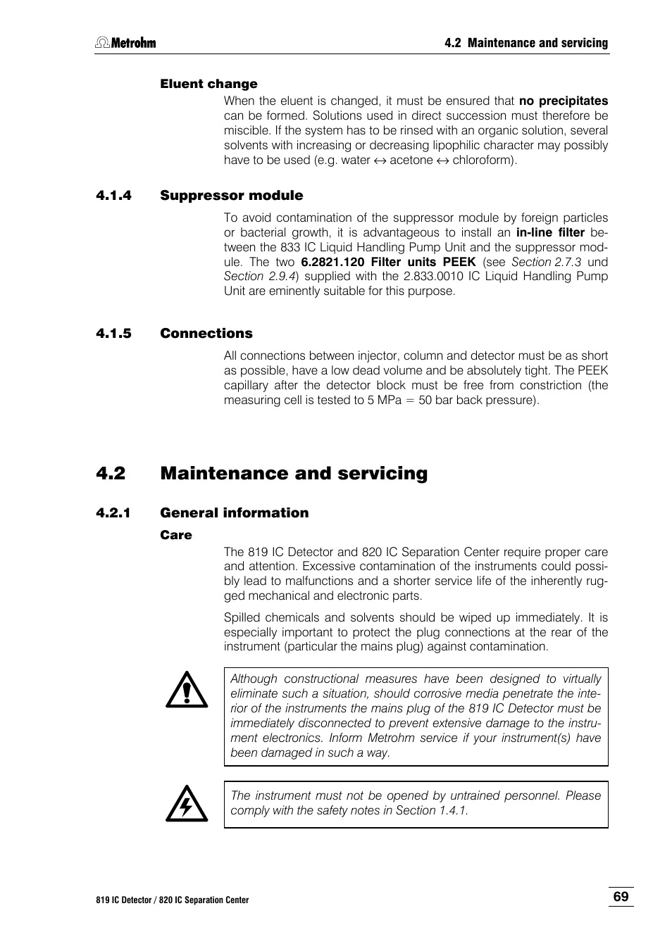 4 suppressor module, 5 connections, 2 maintenance and servicing | 1 general information, Suppressor module, Connections, Maintenance and servicing, General information | Metrohm 820 IC Separation Center User Manual | Page 77 / 123