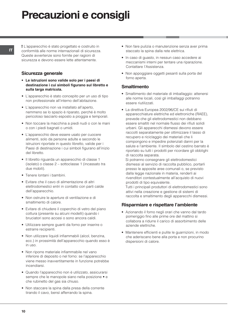 Precauzioni e consigli, Sicurezza generale, Smaltimento | Risparmiare e rispettare lambiente | Hotpoint Ariston C 34S G1 R/HA User Manual | Page 10 / 56