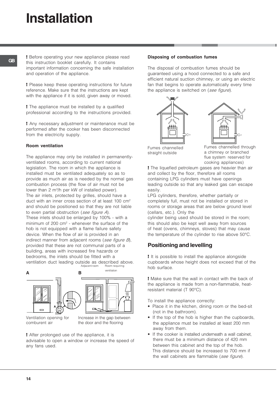 Installation, Positioning and levelling | Hotpoint Ariston C 34S G1 R/HA User Manual | Page 14 / 56