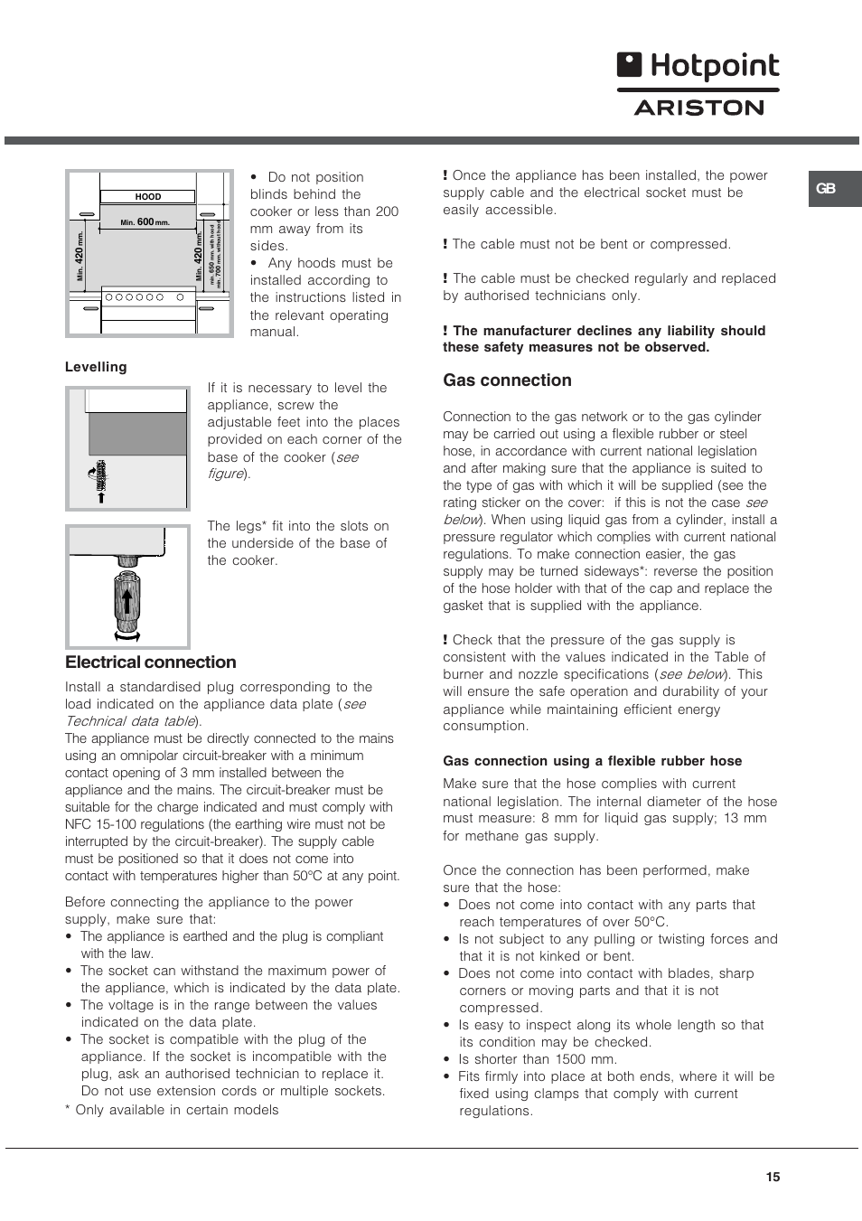 Electrical connection, Gas connection | Hotpoint Ariston C 34S G1 R/HA User Manual | Page 15 / 56