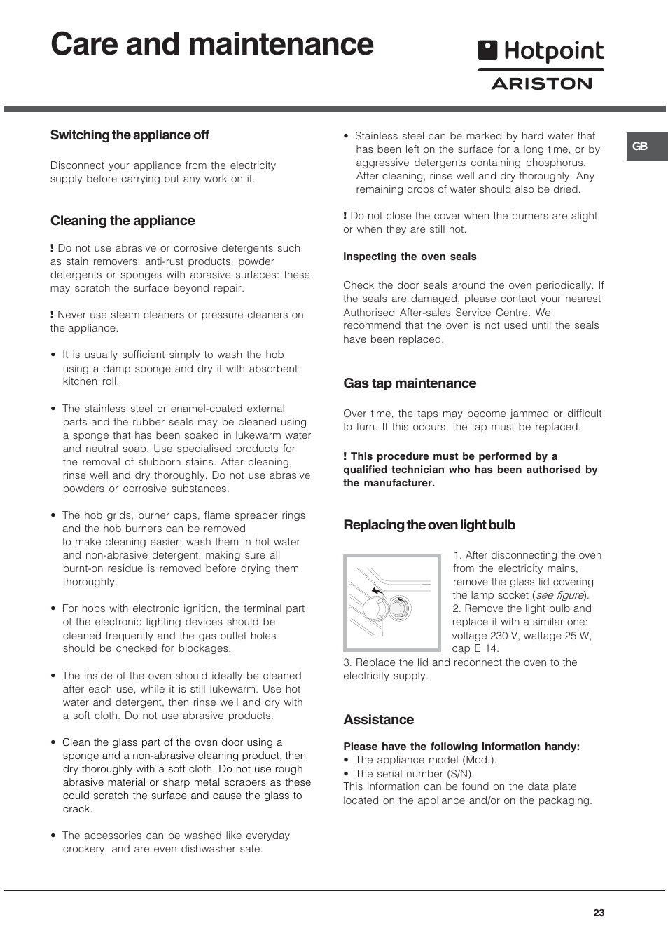 Care and maintenance | Hotpoint Ariston C 34S G1 R/HA User Manual | Page 23 / 56