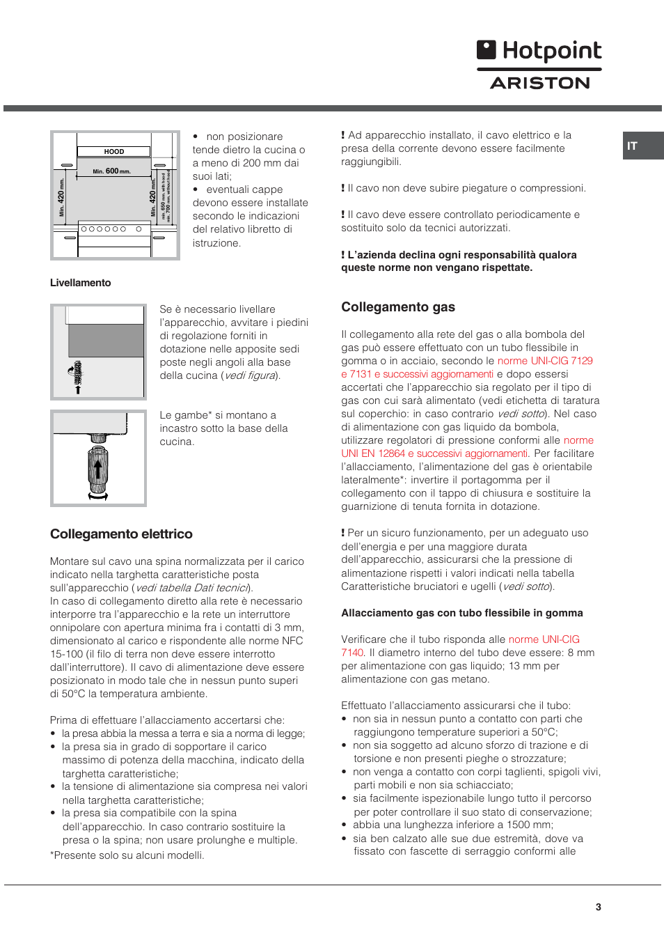 Collegamento elettrico, Collegamento gas | Hotpoint Ariston C 34S G1 R/HA User Manual | Page 3 / 56