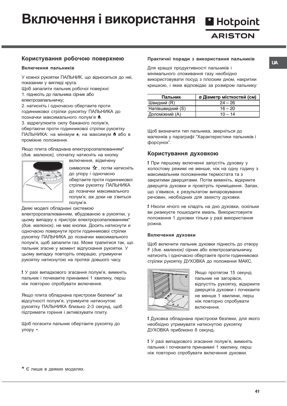 Включення ³ використання, Користування робочою поверхнею, Користування духовкою | Hotpoint Ariston C 34S G1 R/HA User Manual | Page 41 / 56