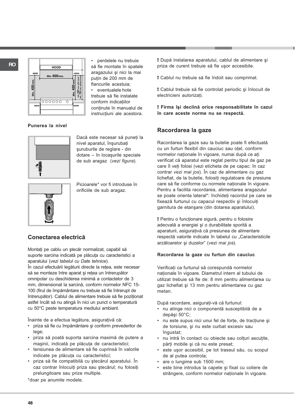 Conectarea electricã, Racordarea la gaze | Hotpoint Ariston C 34S G1 R/HA User Manual | Page 48 / 56