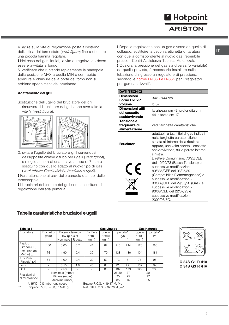 Tabella caratteristiche bruciatori e ugelli | Hotpoint Ariston C 34S G1 R/HA User Manual | Page 5 / 56