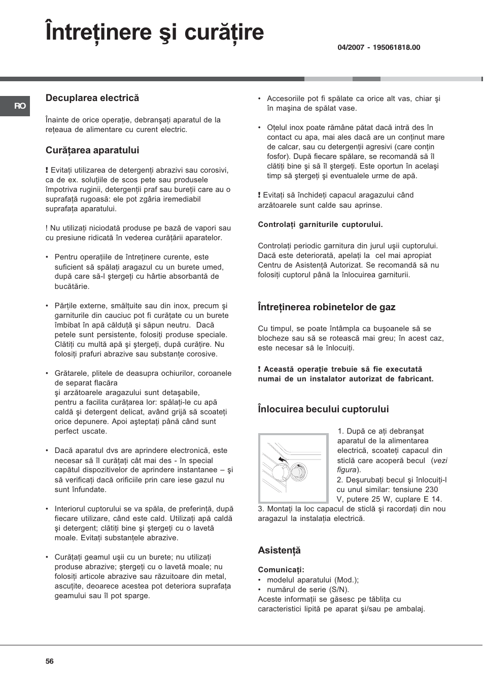 Întreþinere ºi curãþire | Hotpoint Ariston C 34S G1 R/HA User Manual | Page 56 / 56