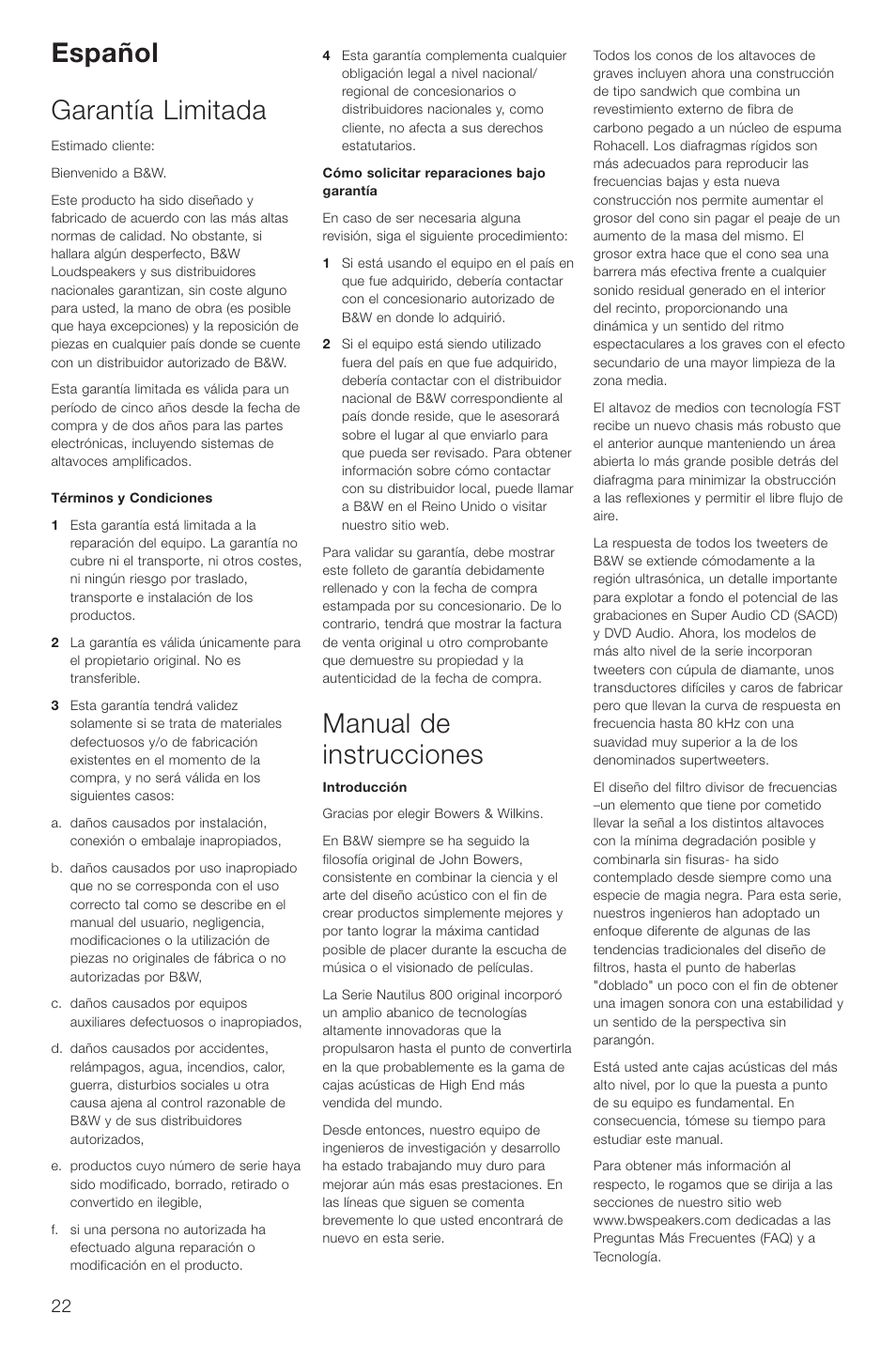 Español garantía limitada, Manual de instrucciones | Bowers & Wilkins DS8 User Manual | Page 25 / 112