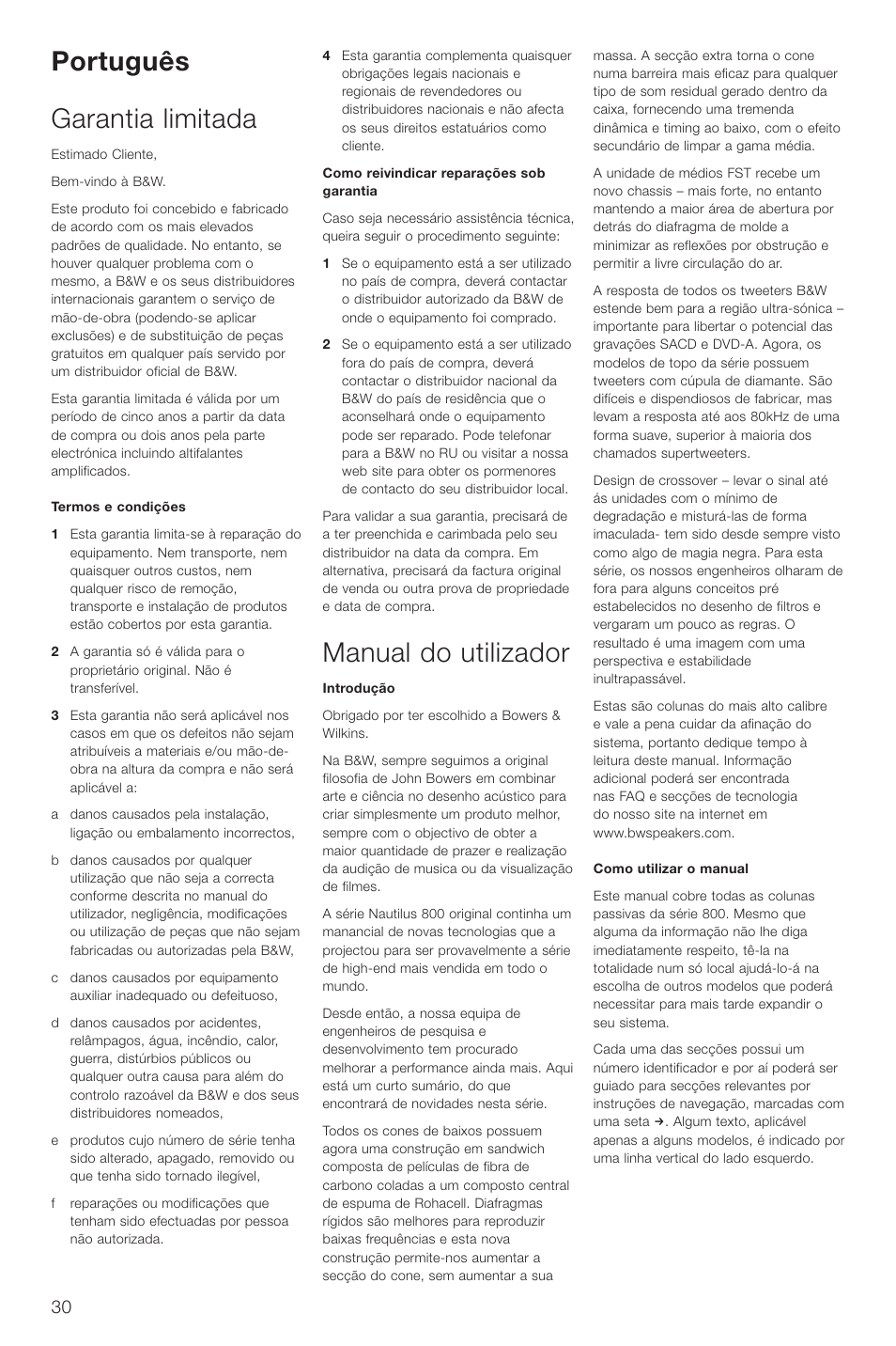 Português garantia limitada, Manual do utilizador | Bowers & Wilkins DS8 User Manual | Page 33 / 112