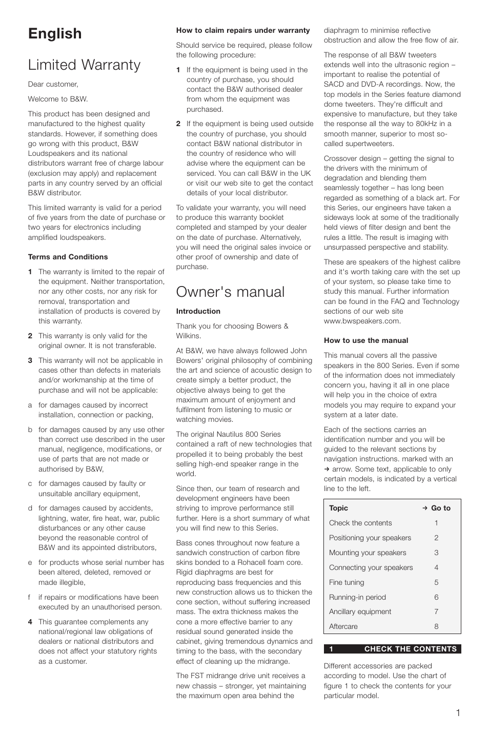 English limited warranty, Owner's manual | Bowers & Wilkins DS8 User Manual | Page 4 / 112