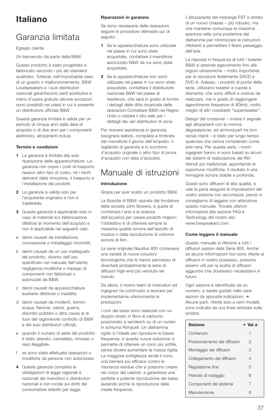 Italiano garanzia limitata, Manuale di istruzioni | Bowers & Wilkins DS8 User Manual | Page 40 / 112