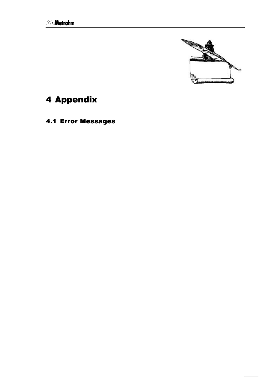 Ppendix, 1 error messages, 2 method listings | 3 technical specifications, 4 servicing and maintenance, 1 servicing, 2 maintenance / attendance, 5 warranty and conformity, 1 warranty, 2 certificate of conformity | Metrohm 760 Sample Changer User Manual | Page 26 / 40