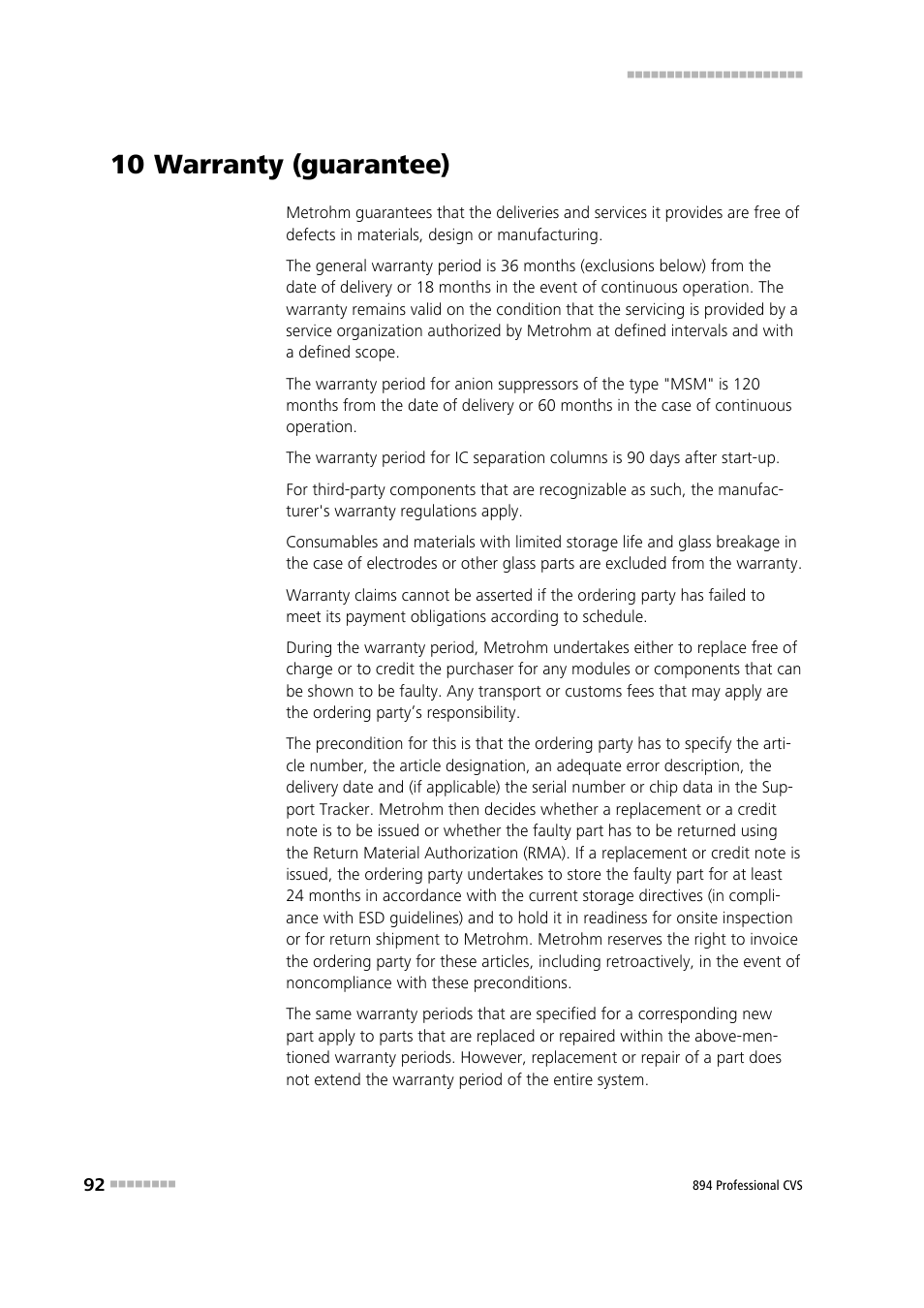 10 warranty (guarantee) | Metrohm 894 Professional CVS User Manual | Page 102 / 107