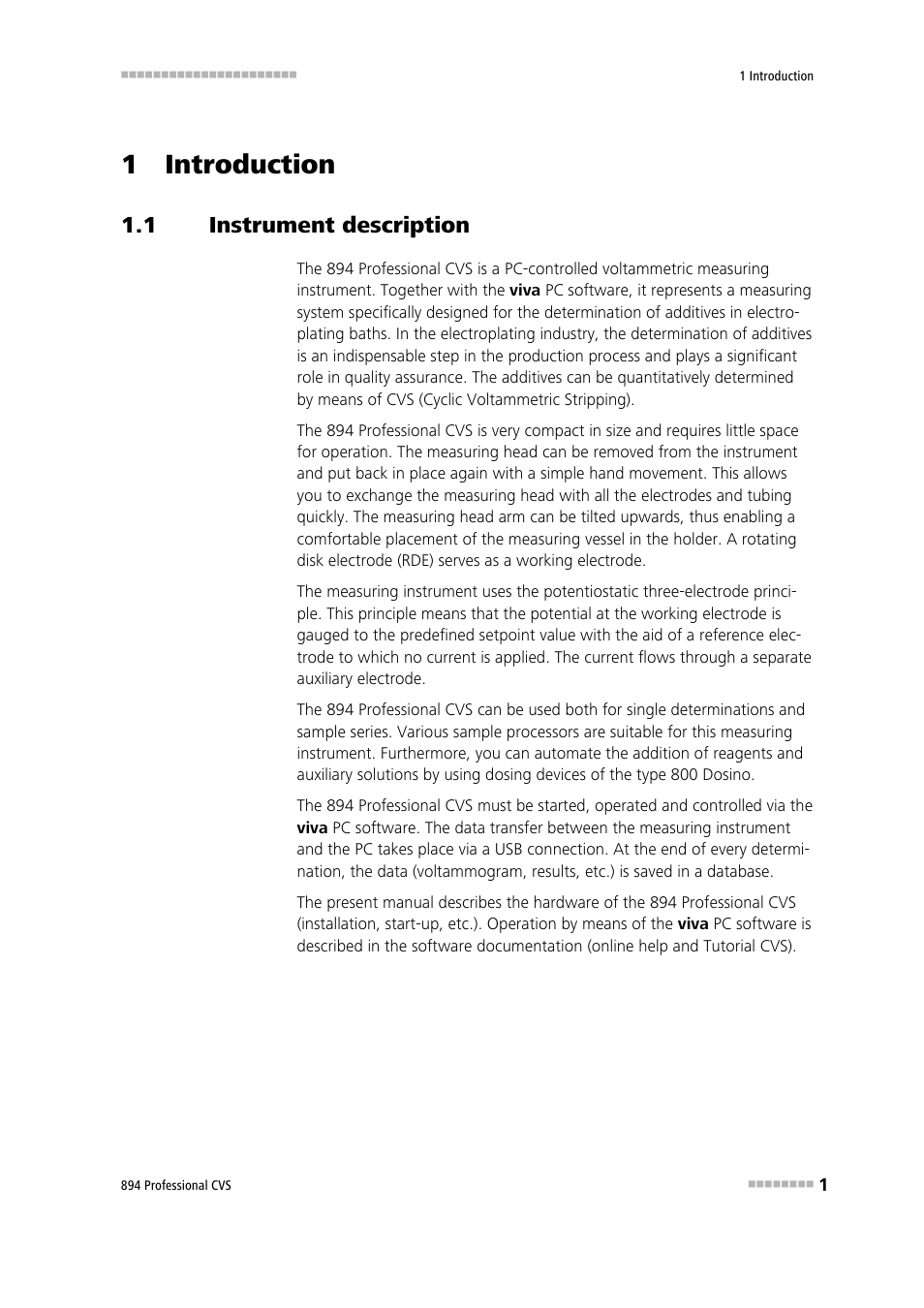 1 introduction, 1 instrument description, Instrument description | Metrohm 894 Professional CVS User Manual | Page 11 / 107