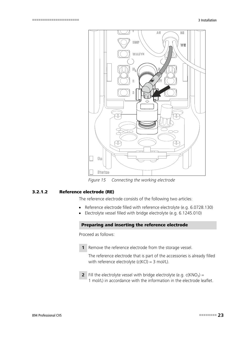 2 reference electrode (re), Figure 15, Connecting the working electrode | Metrohm 894 Professional CVS User Manual | Page 33 / 107