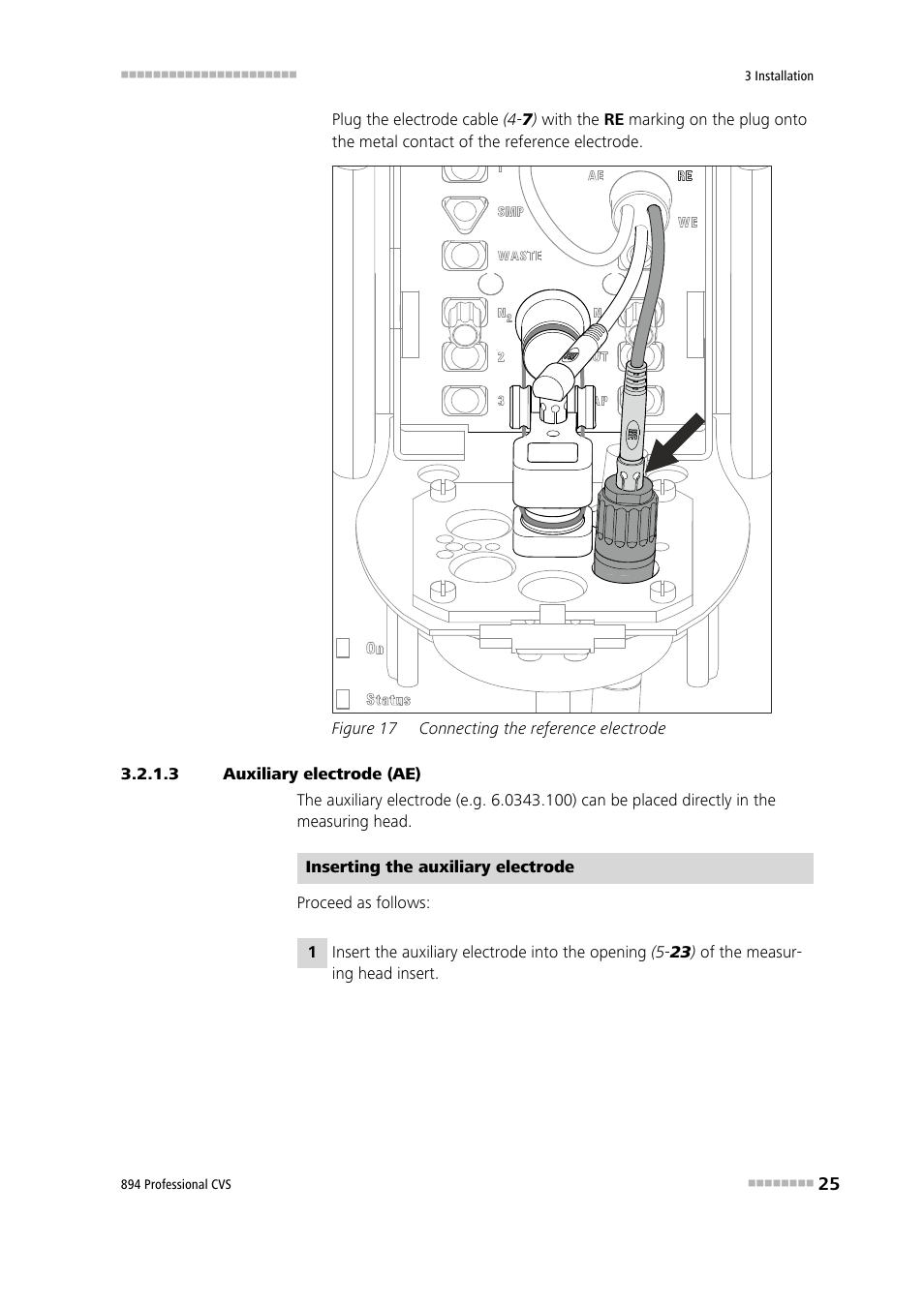 3 auxiliary electrode (ae), Figure 17, Connecting the reference electrode | Metrohm 894 Professional CVS User Manual | Page 35 / 107