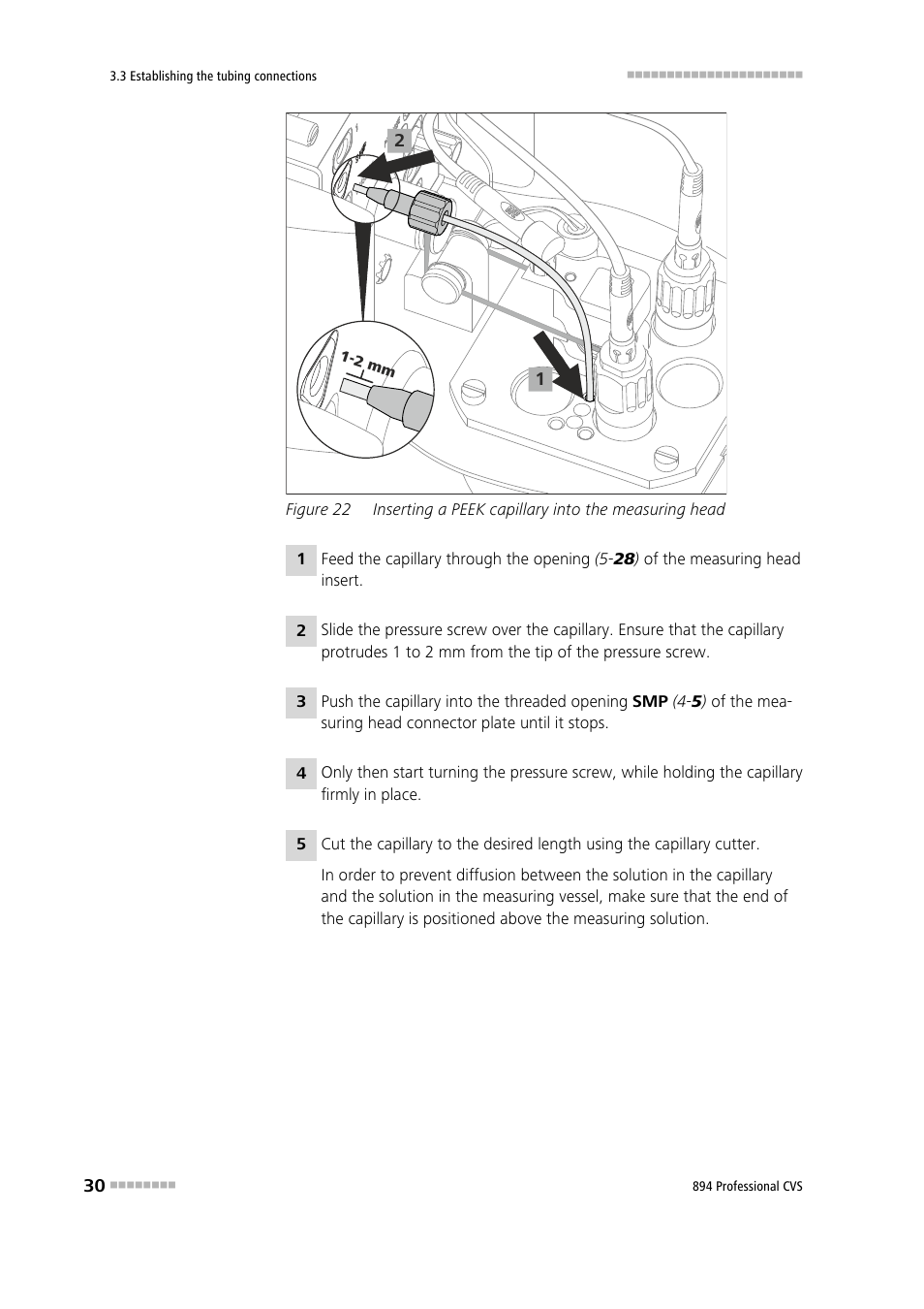 Figure 22, Inserting a peek capillary into the measuring head | Metrohm 894 Professional CVS User Manual | Page 40 / 107