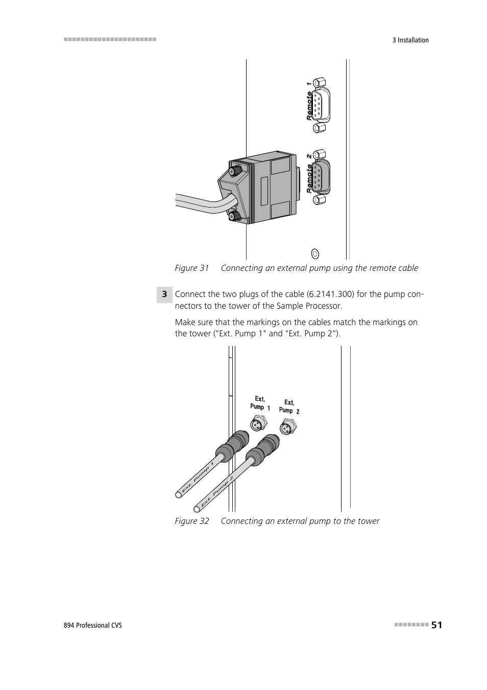 Figure 31, Connecting an external pump using the remote cable, Figure 32 | Connecting an external pump to the tower | Metrohm 894 Professional CVS User Manual | Page 61 / 107