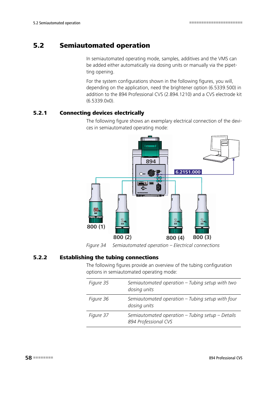 2 semiautomated operation, 1 connecting devices electrically, 2 establishing the tubing connections | Semiautomated operation, Connecting devices electrically, Establishing the tubing connections, Figure 34, Semiautomated operation – electrical connections | Metrohm 894 Professional CVS User Manual | Page 68 / 107