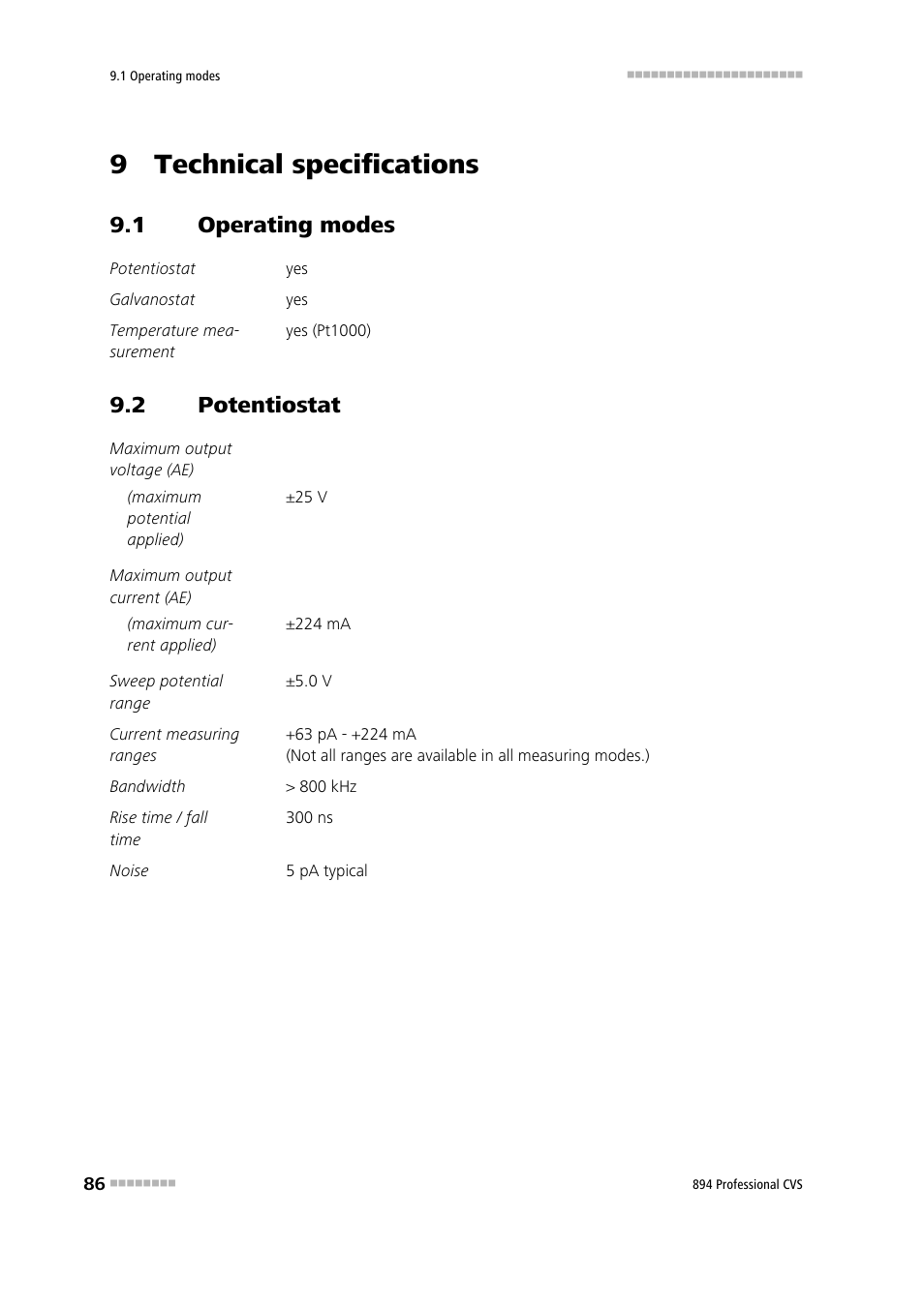 9 technical specifications, 1 operating modes, 2 potentiostat | Operating modes, Potentiostat | Metrohm 894 Professional CVS User Manual | Page 96 / 107