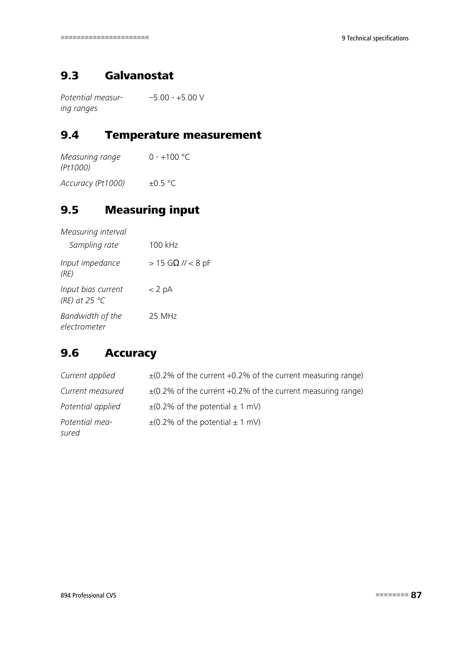 3 galvanostat, 4 temperature measurement, 5 measuring input | 6 accuracy, Galvanostat, Temperature measurement, Measuring input, Accuracy | Metrohm 894 Professional CVS User Manual | Page 97 / 107