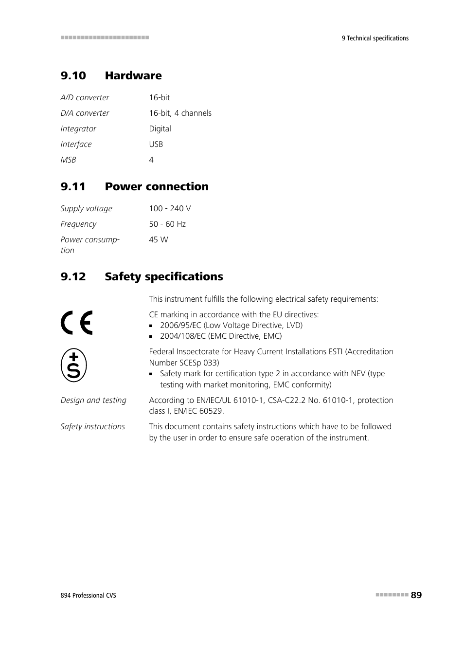 10 hardware, 11 power connection, 12 safety specifications | Metrohm 894 Professional CVS User Manual | Page 99 / 107