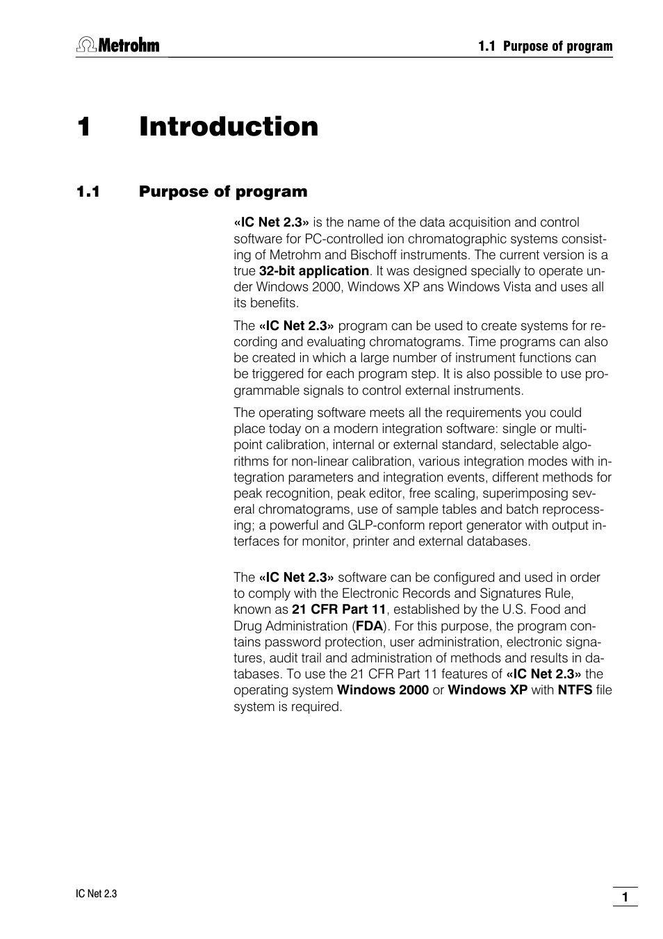 1 introduction, 1 purpose of program | Metrohm IC Net 2.3 User Manual | Page 11 / 389