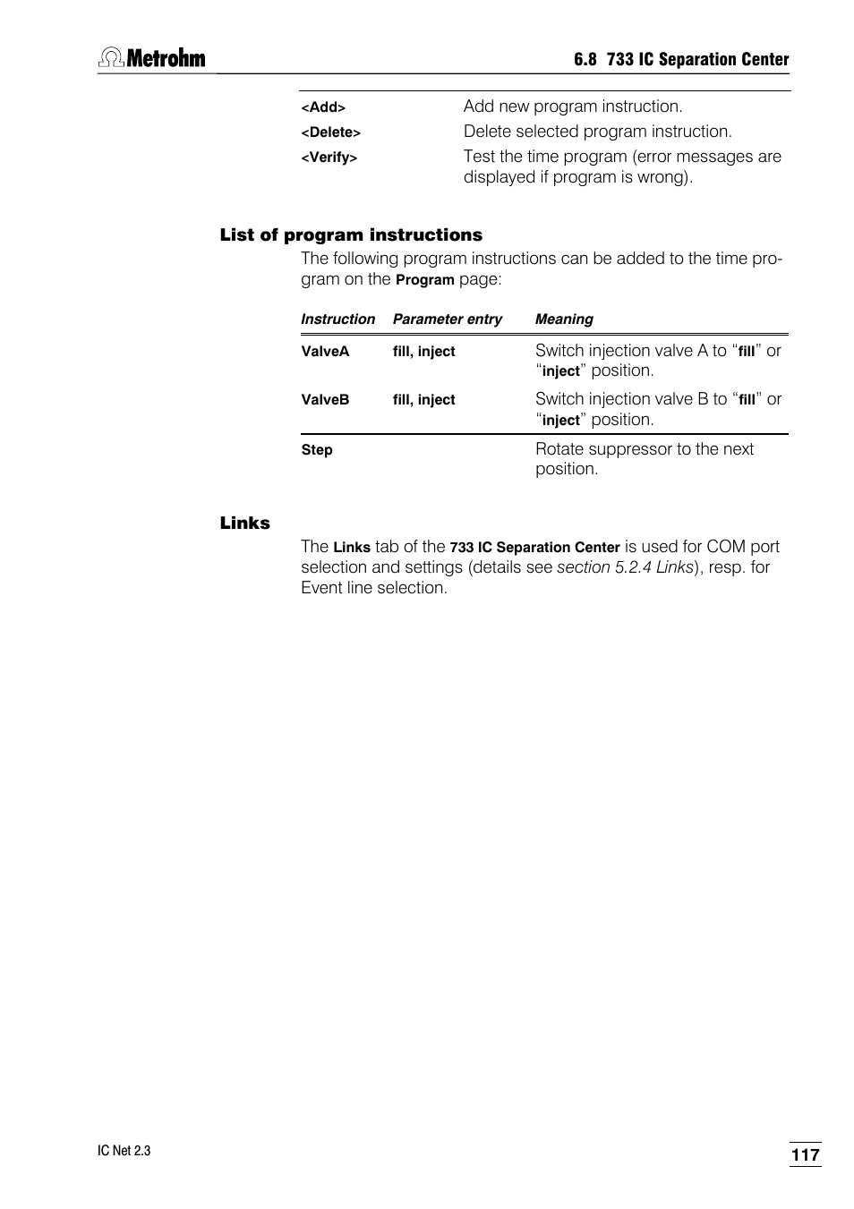 List of program instructions, Links | Metrohm IC Net 2.3 User Manual | Page 127 / 389