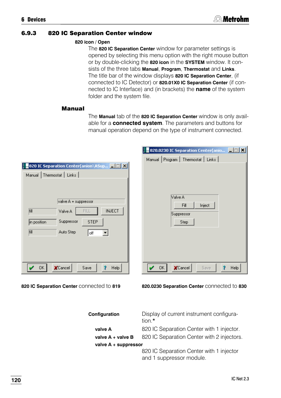 3 820 ic separation center window, Manual | Metrohm IC Net 2.3 User Manual | Page 130 / 389