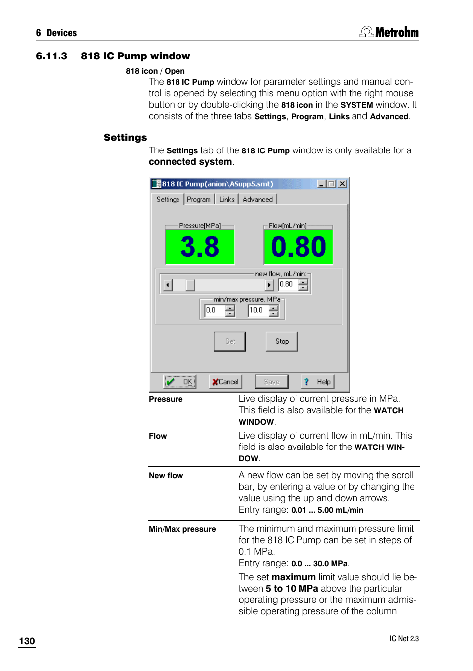 3 818 ic pump window, Settings | Metrohm IC Net 2.3 User Manual | Page 140 / 389