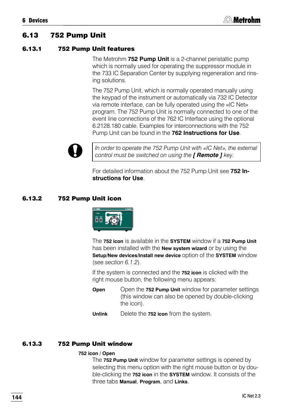 13 752 pump unit, 1 752 pump unit features, 2 752 pump unit icon | 3 752 pump unit window | Metrohm IC Net 2.3 User Manual | Page 154 / 389