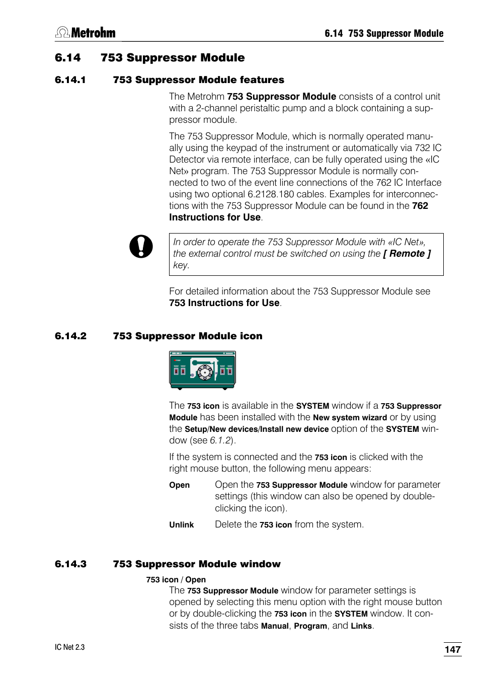 14 753 suppressor module, 1 753 suppressor module features, 2 753 suppressor module icon | 3 753 suppressor module window | Metrohm IC Net 2.3 User Manual | Page 157 / 389