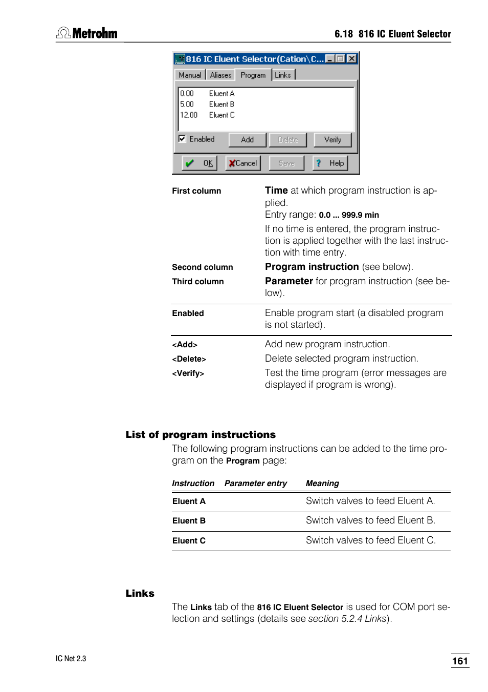 List of program instructions, Links | Metrohm IC Net 2.3 User Manual | Page 171 / 389