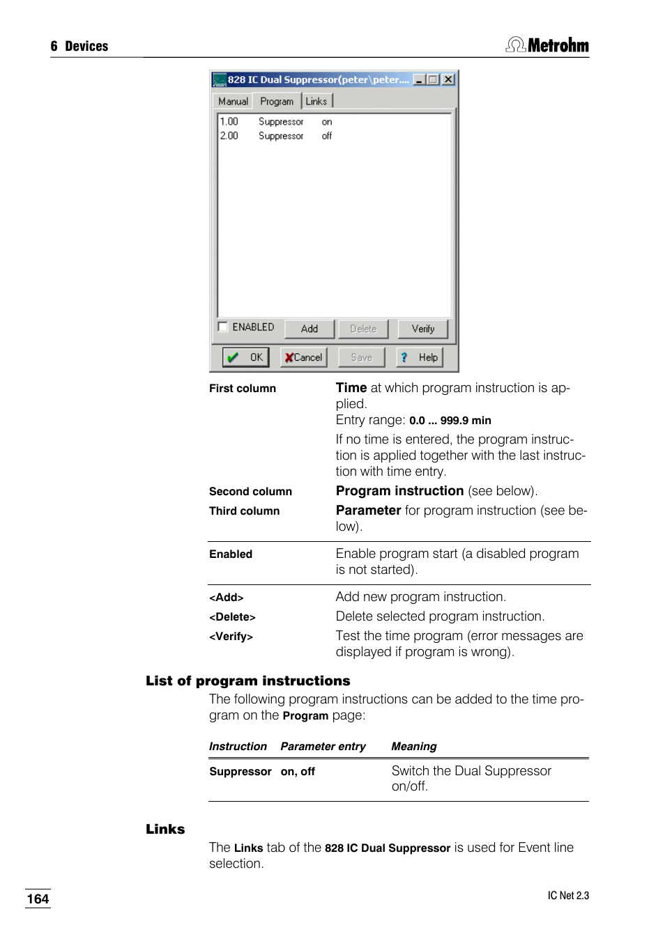 List of program instructions, Links | Metrohm IC Net 2.3 User Manual | Page 174 / 389