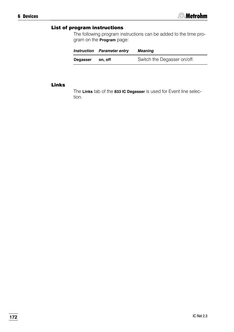 List of program instructions, Links | Metrohm IC Net 2.3 User Manual | Page 182 / 389