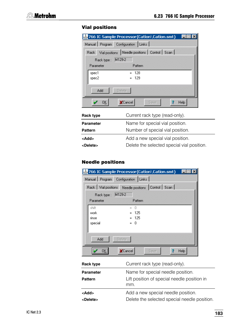 Vial positions, Needle positions | Metrohm IC Net 2.3 User Manual | Page 193 / 389