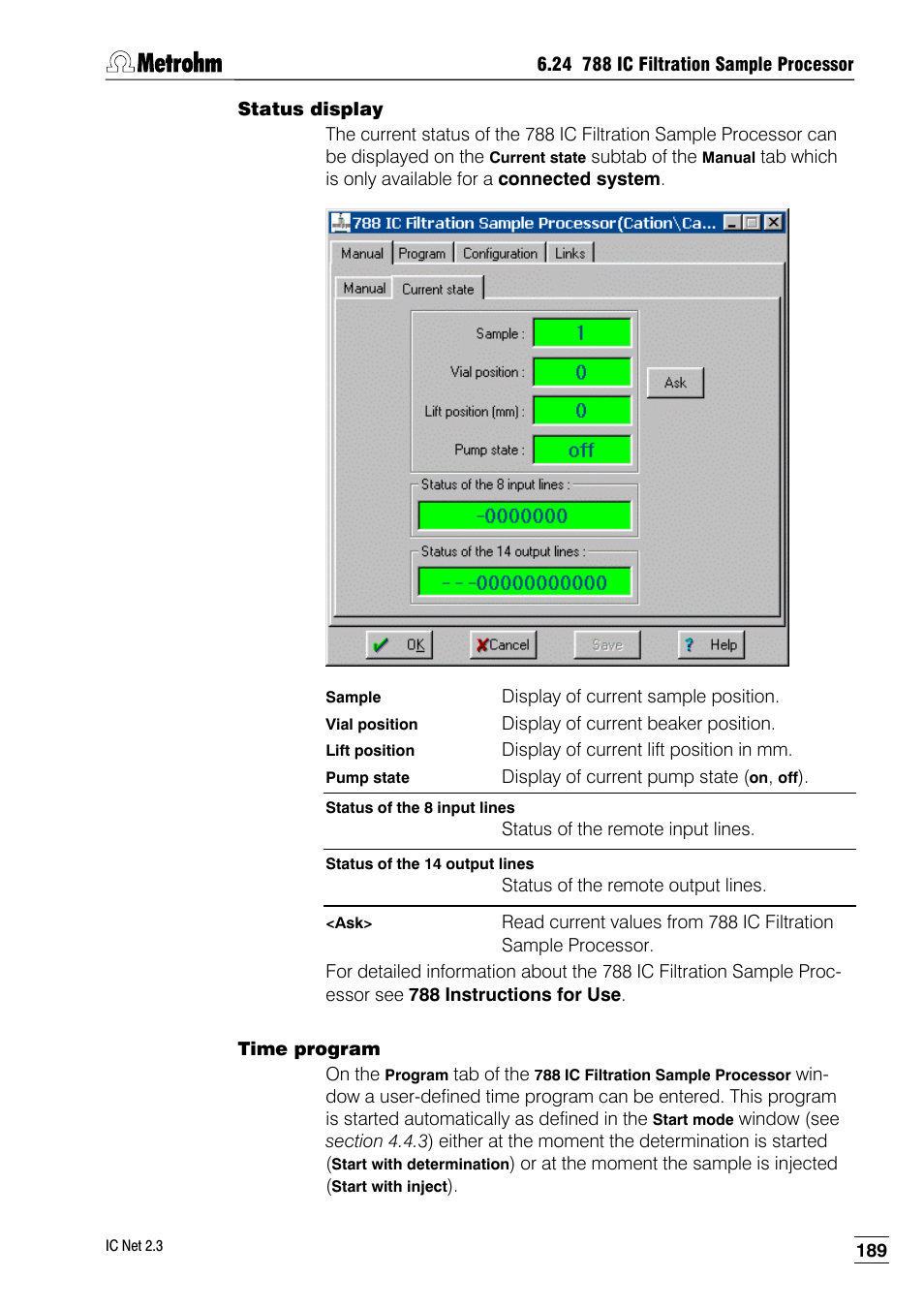 Status display, Time program | Metrohm IC Net 2.3 User Manual | Page 199 / 389