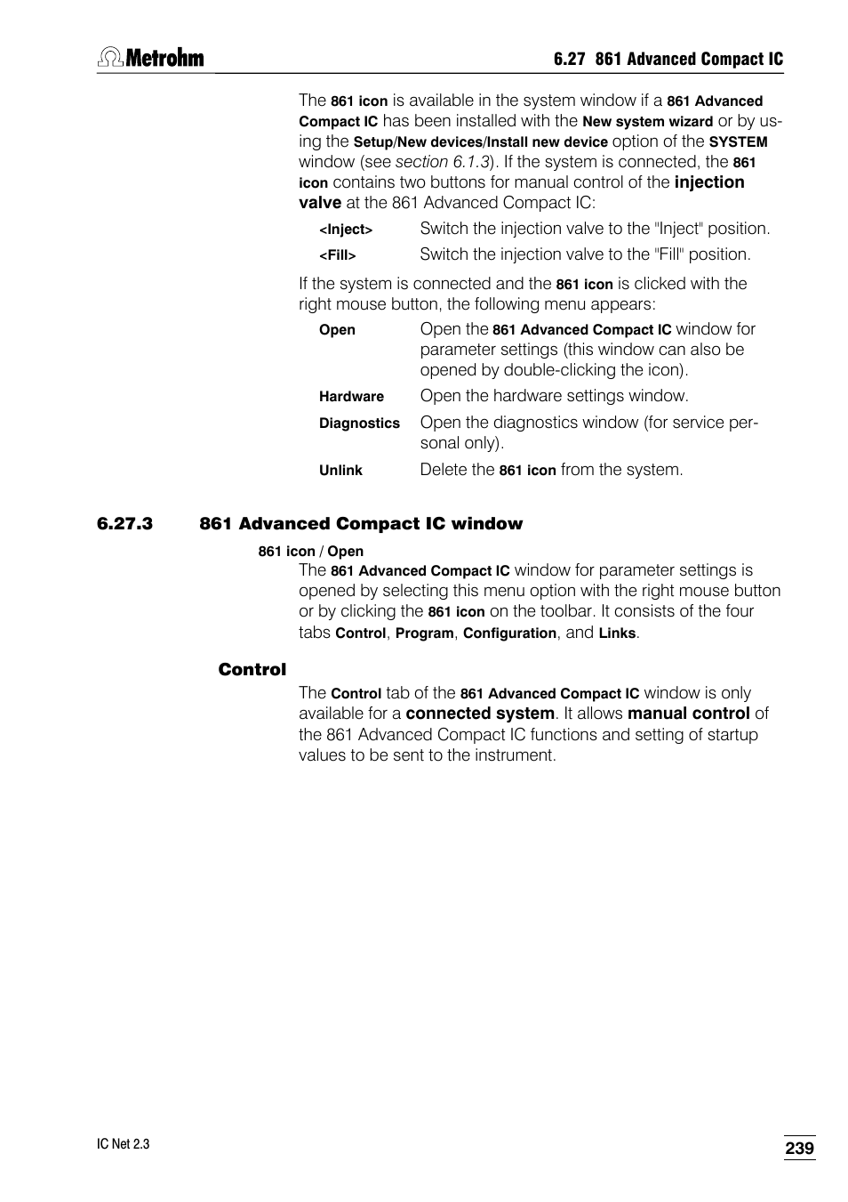 3 861 advanced compact ic window, Control | Metrohm IC Net 2.3 User Manual | Page 249 / 389
