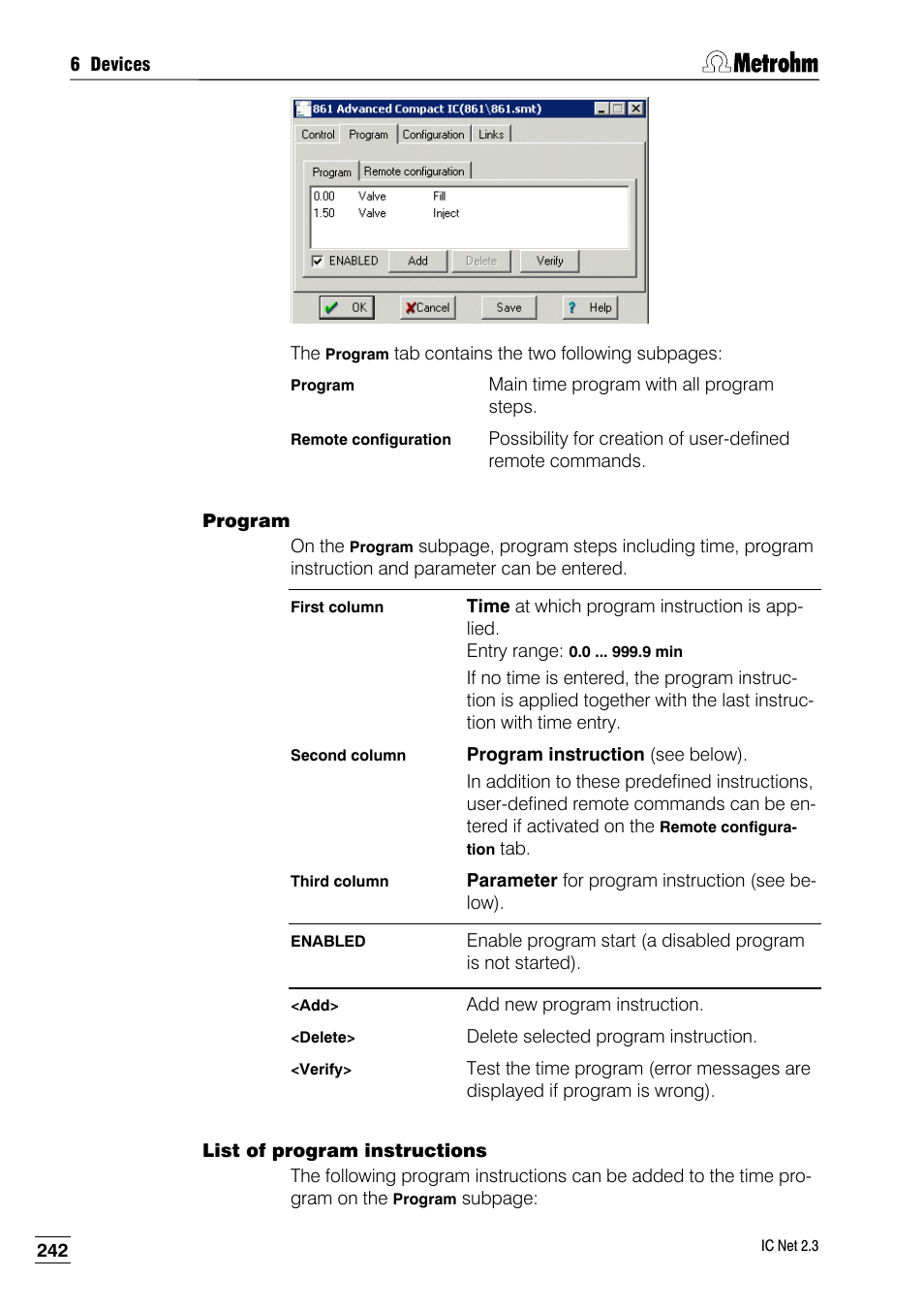 Program, List of program instructions | Metrohm IC Net 2.3 User Manual | Page 252 / 389