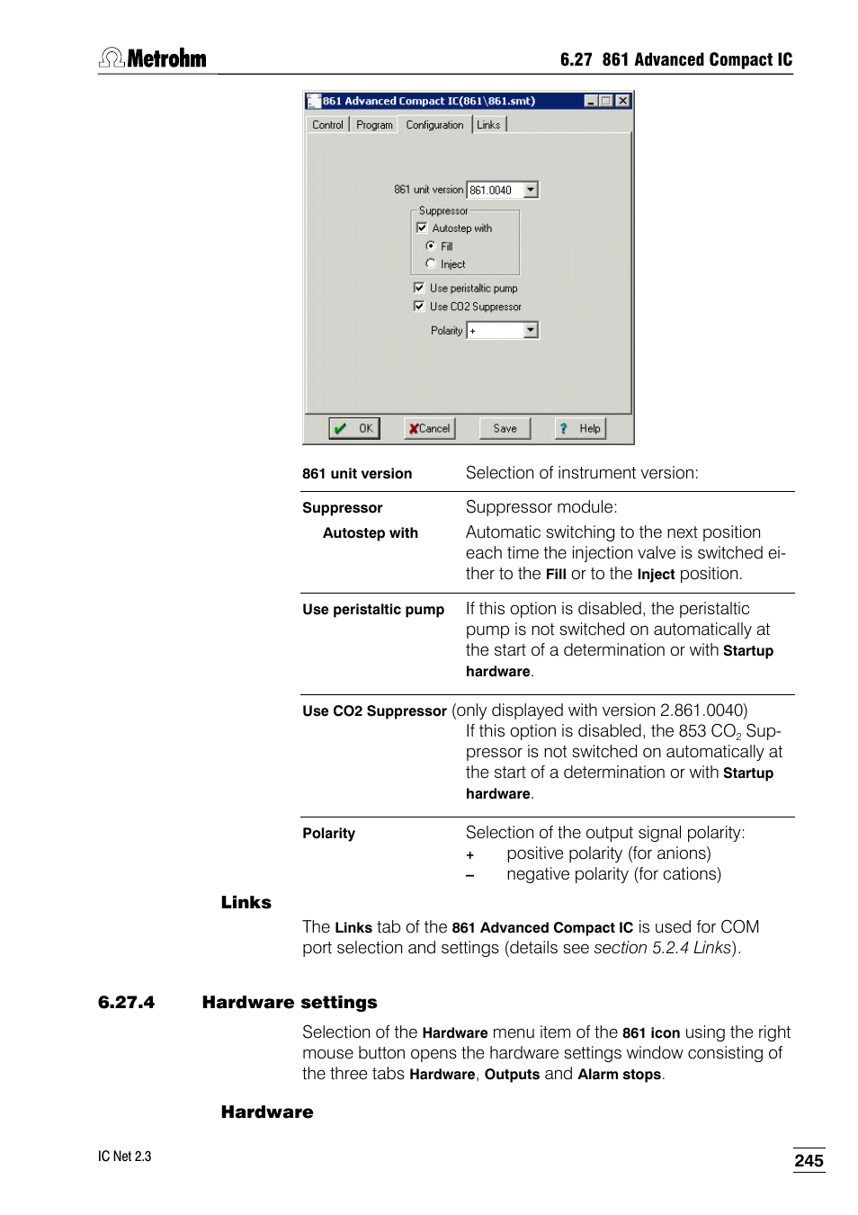 Links, 4 hardware settings, Hardware | Metrohm IC Net 2.3 User Manual | Page 255 / 389