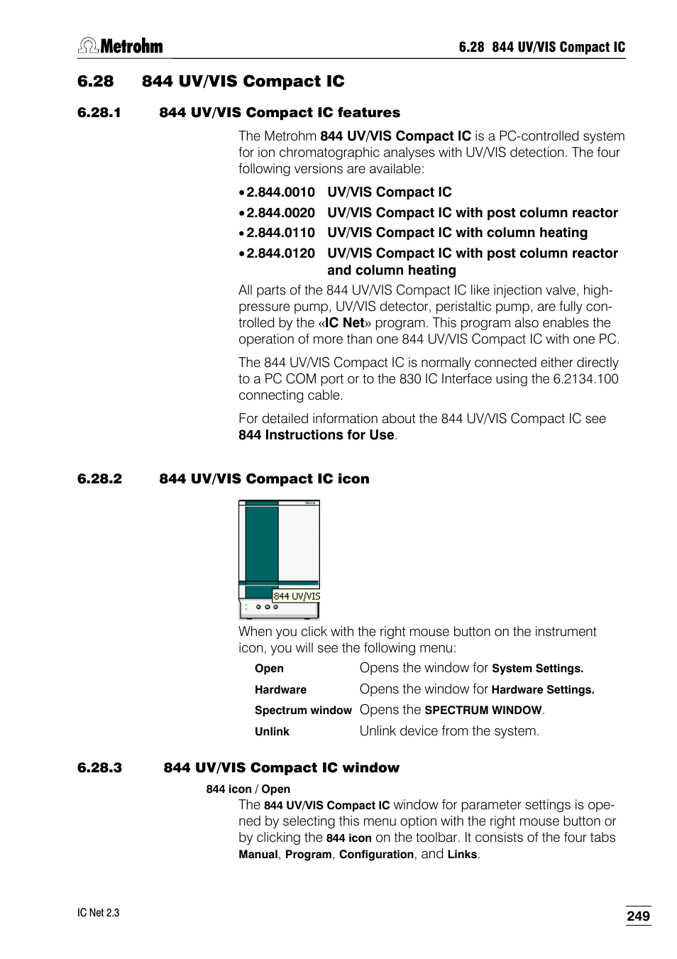 28 844 uv/vis compact ic, 1 844 uv/vis compact ic features, 2 844 uv/vis compact ic icon | 3 844 uv/vis compact ic window | Metrohm IC Net 2.3 User Manual | Page 259 / 389