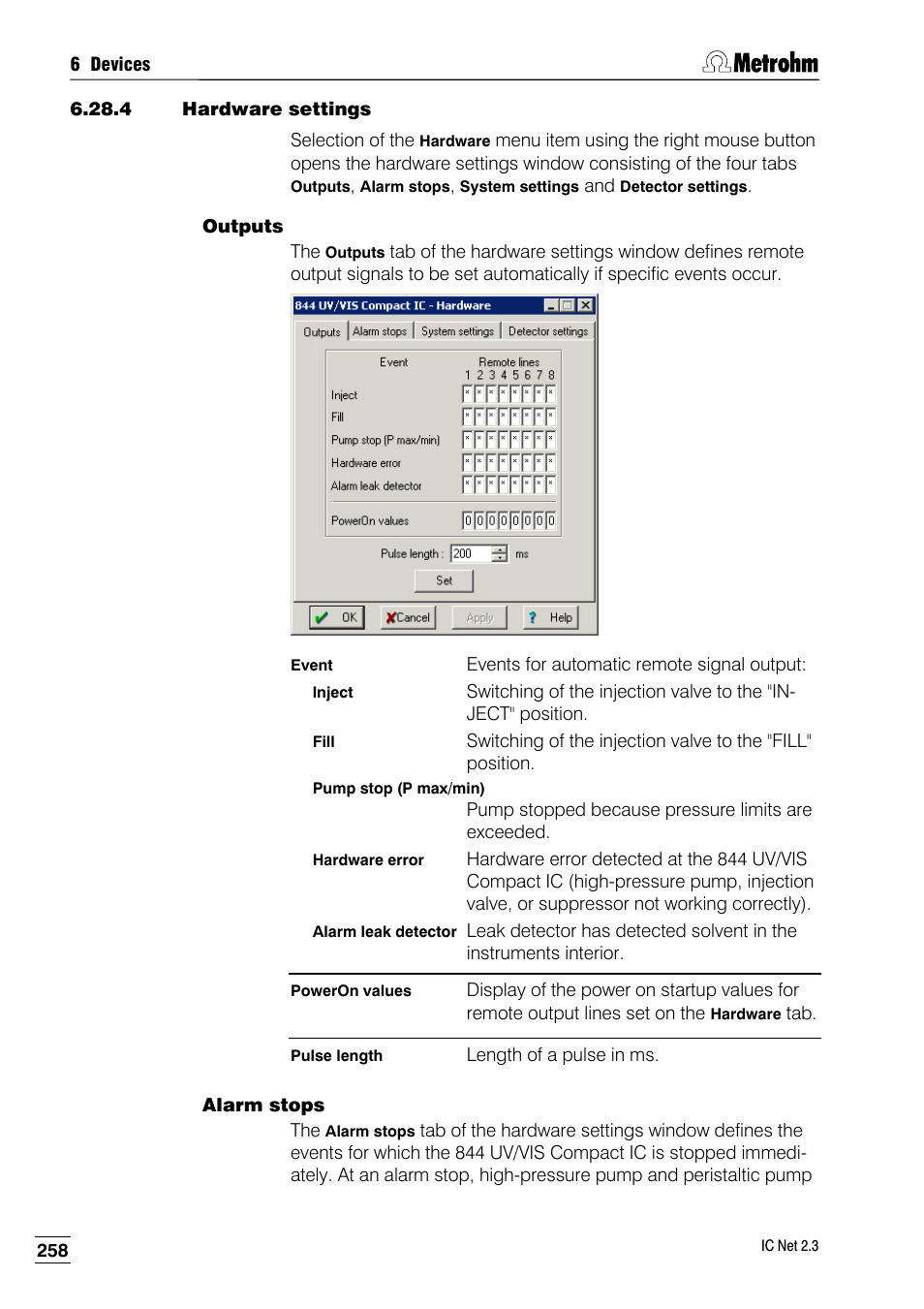 4 hardware settings, Outputs, Alarm stops | Metrohm IC Net 2.3 User Manual | Page 268 / 389