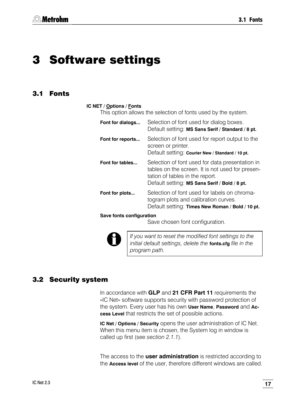3 software settings, 1 fonts, 2 security system | Metrohm IC Net 2.3 User Manual | Page 27 / 389